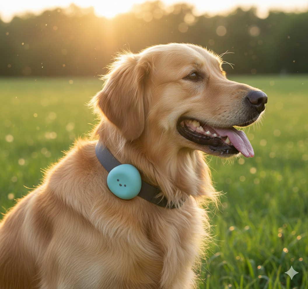 Happy dog wearing Button device